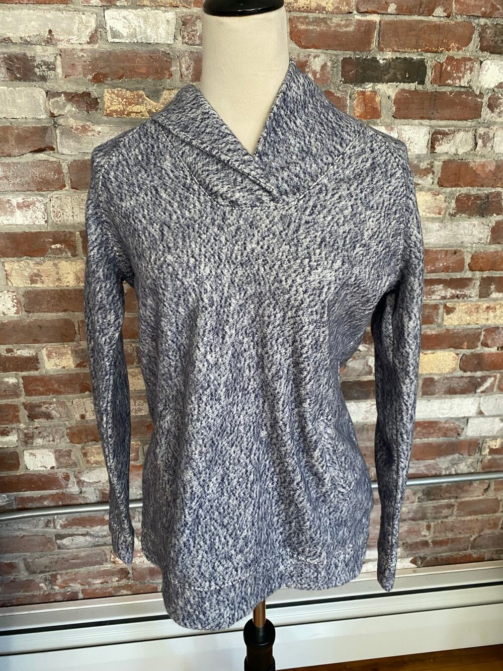 NWT L.L. Bean Women's Shawl Collar Marled Knit Pullover Sweater XS Blue White